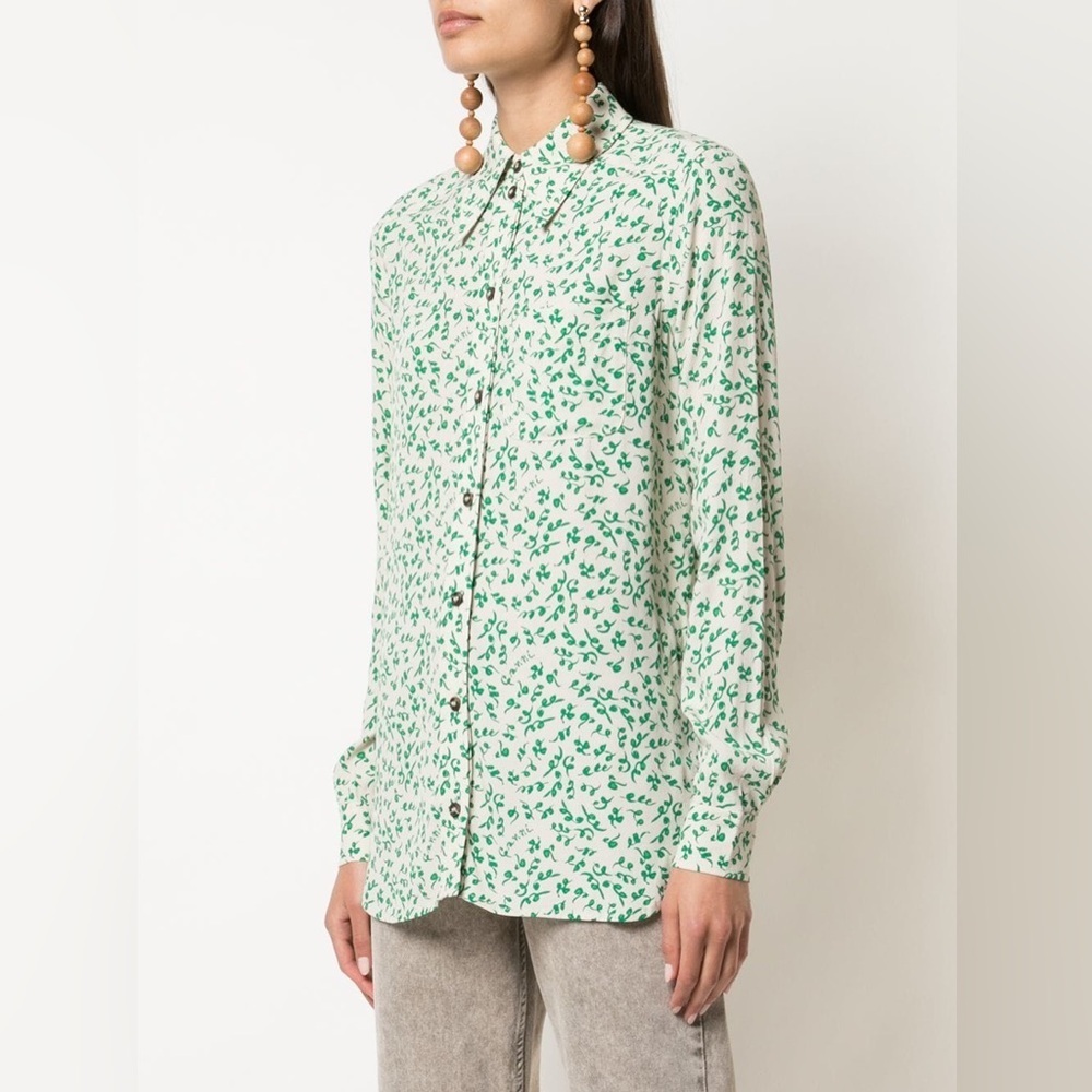 Ganni Leap Print Crepe Shirt Button Down Blouse Green Long Sleeve Ivory‎
